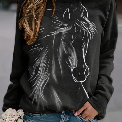 Plus Size Horse Print Sweatshirt - Cozy Long Sleeves for Ultimate Comfort,