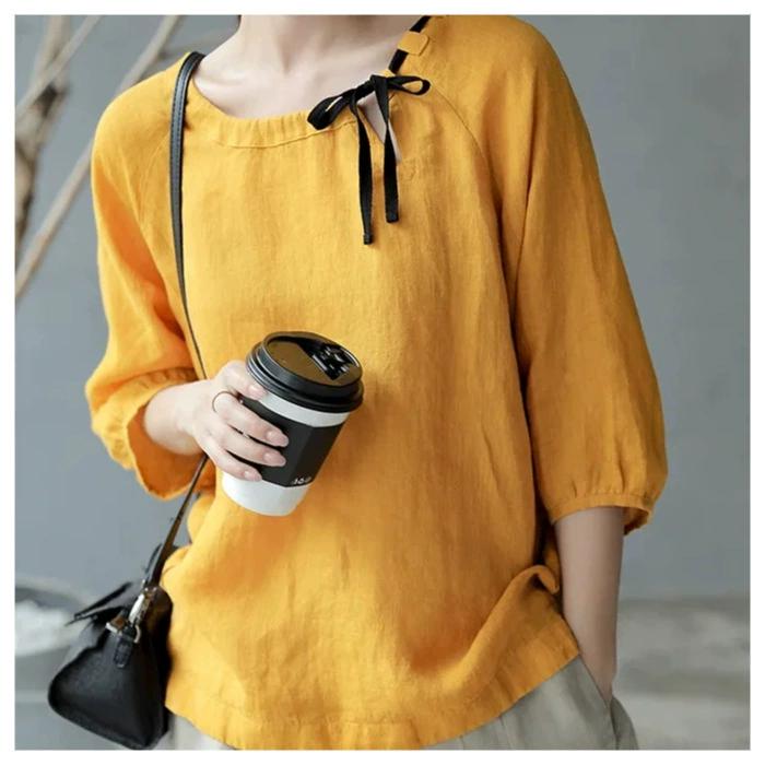 Women's Summer Literary Retro Round Neck Color Collision Short-sleeved Top Temperament Elegant Commuter T-shirt