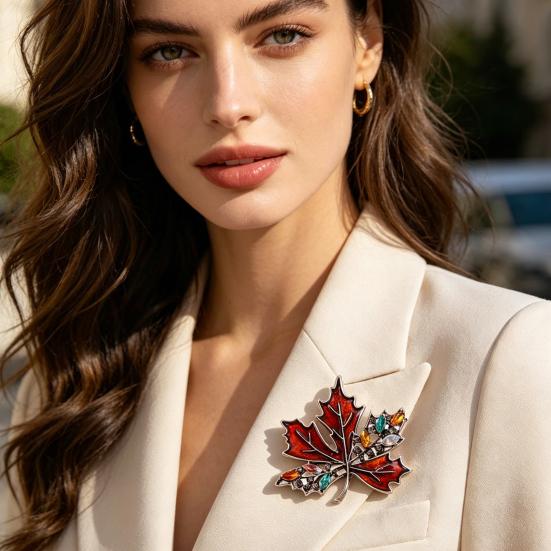 Brooch Pin Autumn Maple Leaf Design Zinc Alloy Pin with Rhinestone Inlay Suits Coats Sweaters Badge Formal Wear Accessory