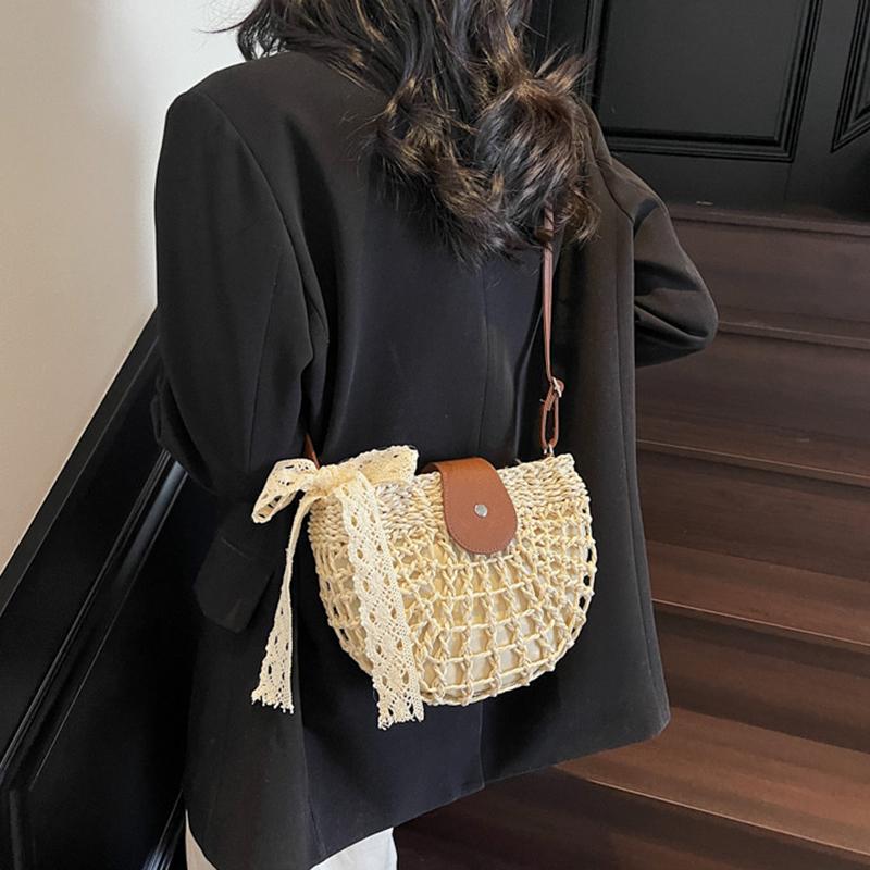 Yogodlns Summer Straw Bag For Women Fashion Semicircle Crossbody Bags Rattan Handmade Messenger Handbag Travel Beach Bags