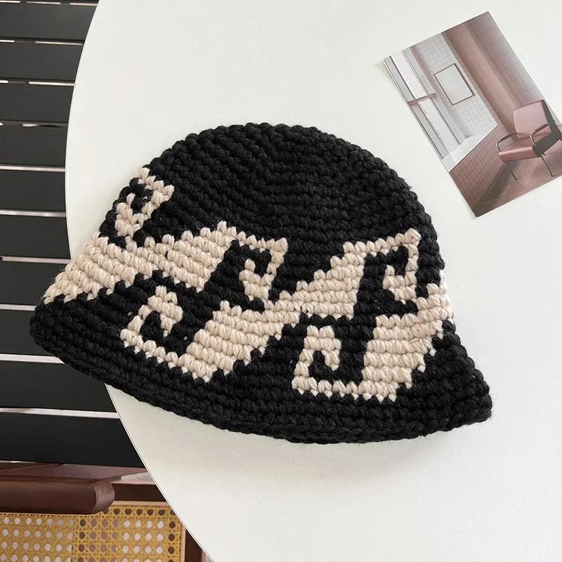 Korean Autumn Winter Retro Crochet Knitted Wool Bucket Hat Women Ins Hand-woven Basin Hat Winter Bucket Hat Men