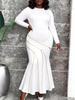 Plus Size Women's Elegant White Color Block Mermaid Gown with Waist-Cinching Long Sleeves