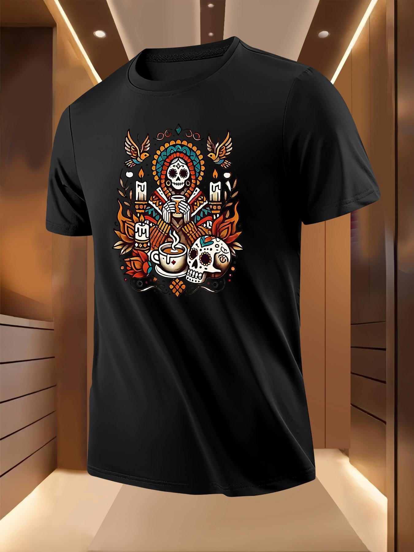 Skull Coffee Festival Print Tshirt - Casual Short Sleeve ... XL