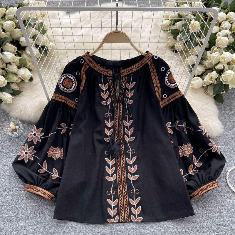 

Heavy Industry Ethnic Style Tassel Long Sleeves Loose Lace-up Embroider Black All yards