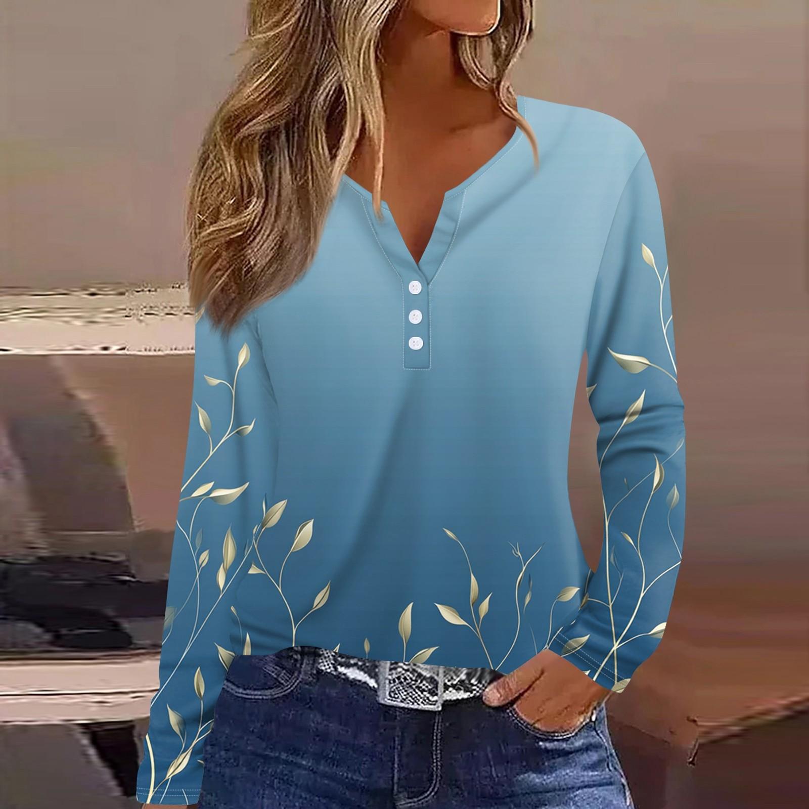 Жен. Футболка Футболка С принтом Пуговицы Длинный рукав Повседневные Выходные Мода — фото 7