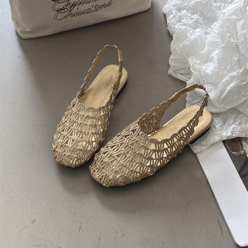 

Soft leather version~ Grape mother has the same retro hollow woven bag head sandals for women s summer wear mesh low-heeled Roman shoes. 40