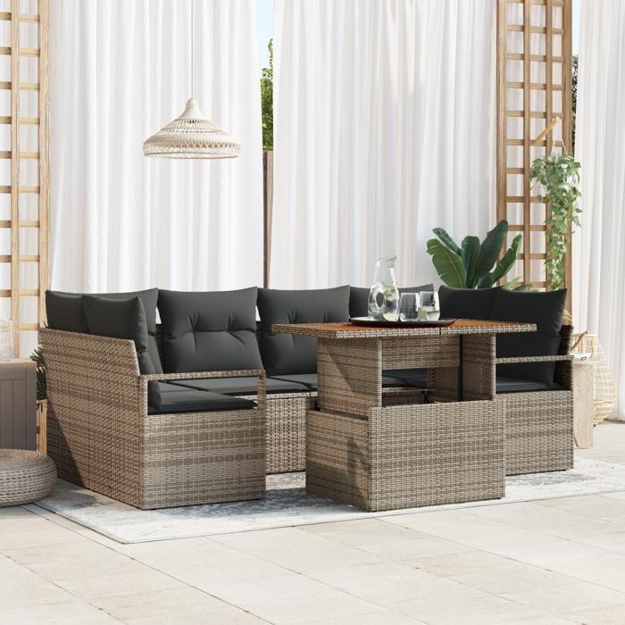 Ensemble de Sofa de Jardin 7 pièces vidaXL avec Coussins Gris Poly Rattan Acacia, Canapé de Jardin 2 places vidaXL avec 3349663