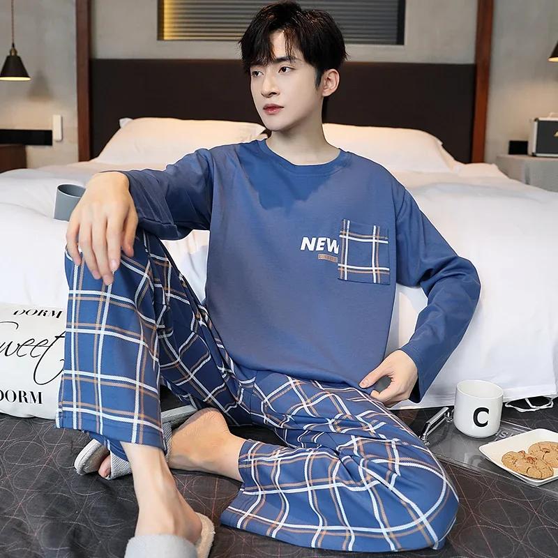 Baumwolle Herren Pullover Nachtwäsche Herbst Frühling Langarm Nachtwäsche 2 Stück Pyjamas Set Männlich