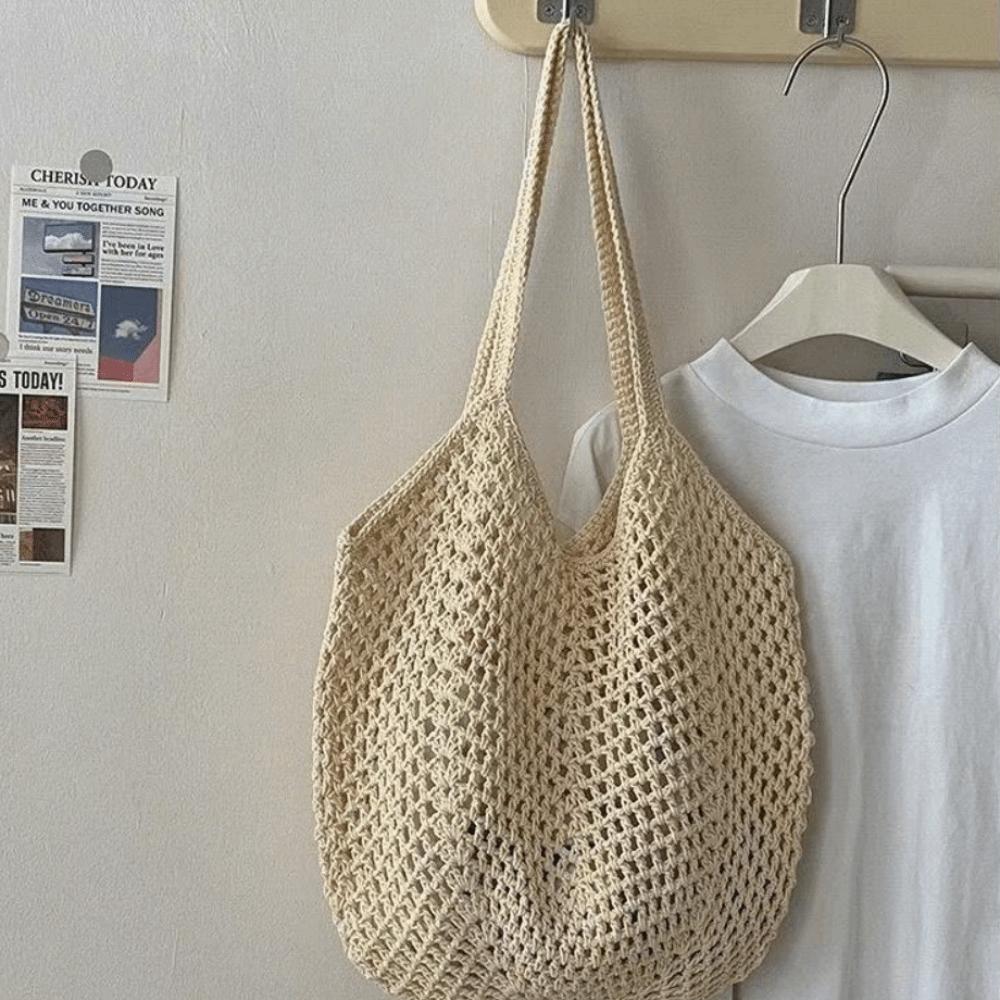 Solid Color Knitting Shoulder Bag Hollow Out Versatile Bohemian Crochet Tote Bag Vintage Elegant Casual Woven Handbag Vacati
