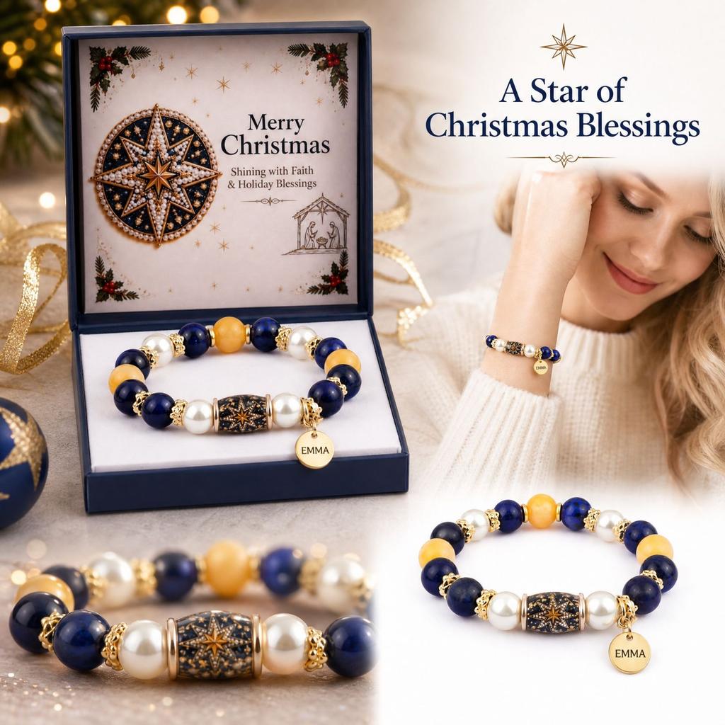 Personalized Custom Engraved Christmas Theme Bracelet with and Natural, Holiday Jewelry Gift