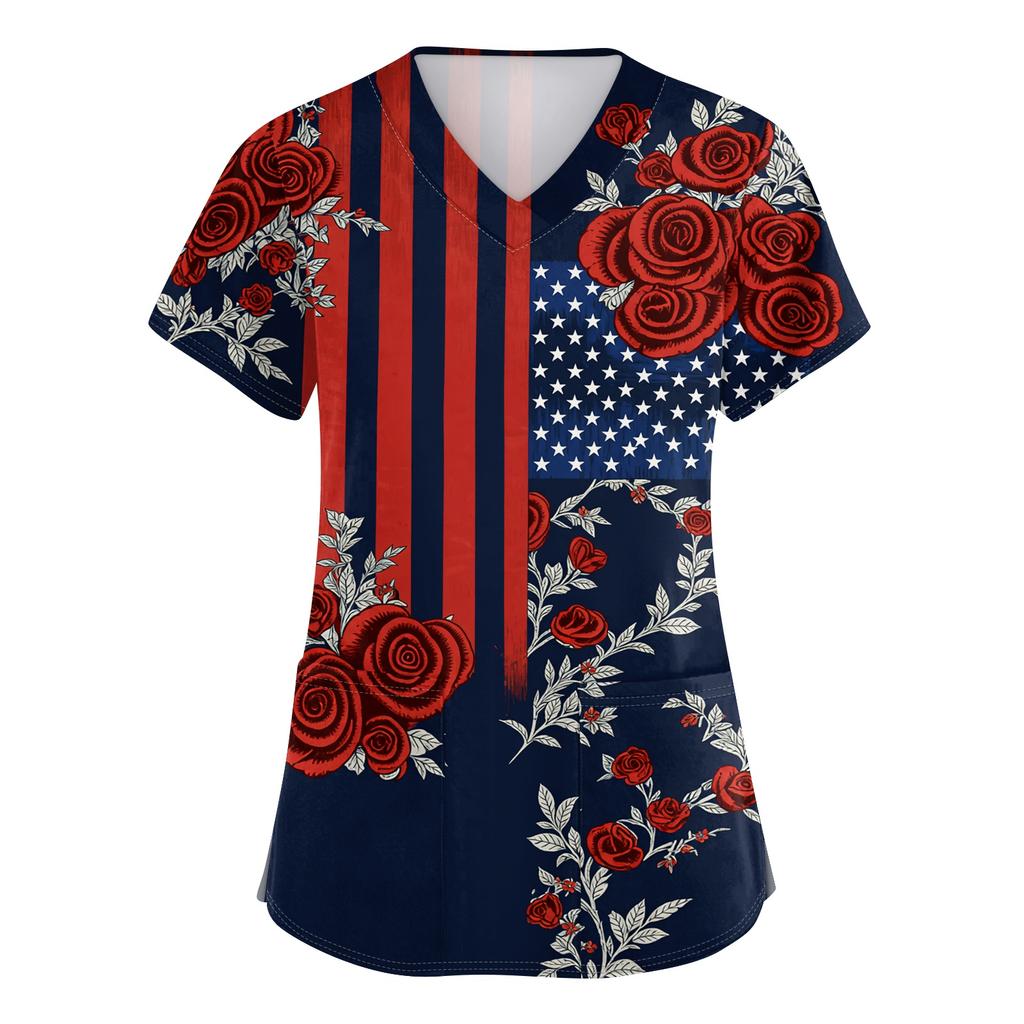 Women's Short-Sleeve Independence Day Print V-Neck Pocket Workwear Top