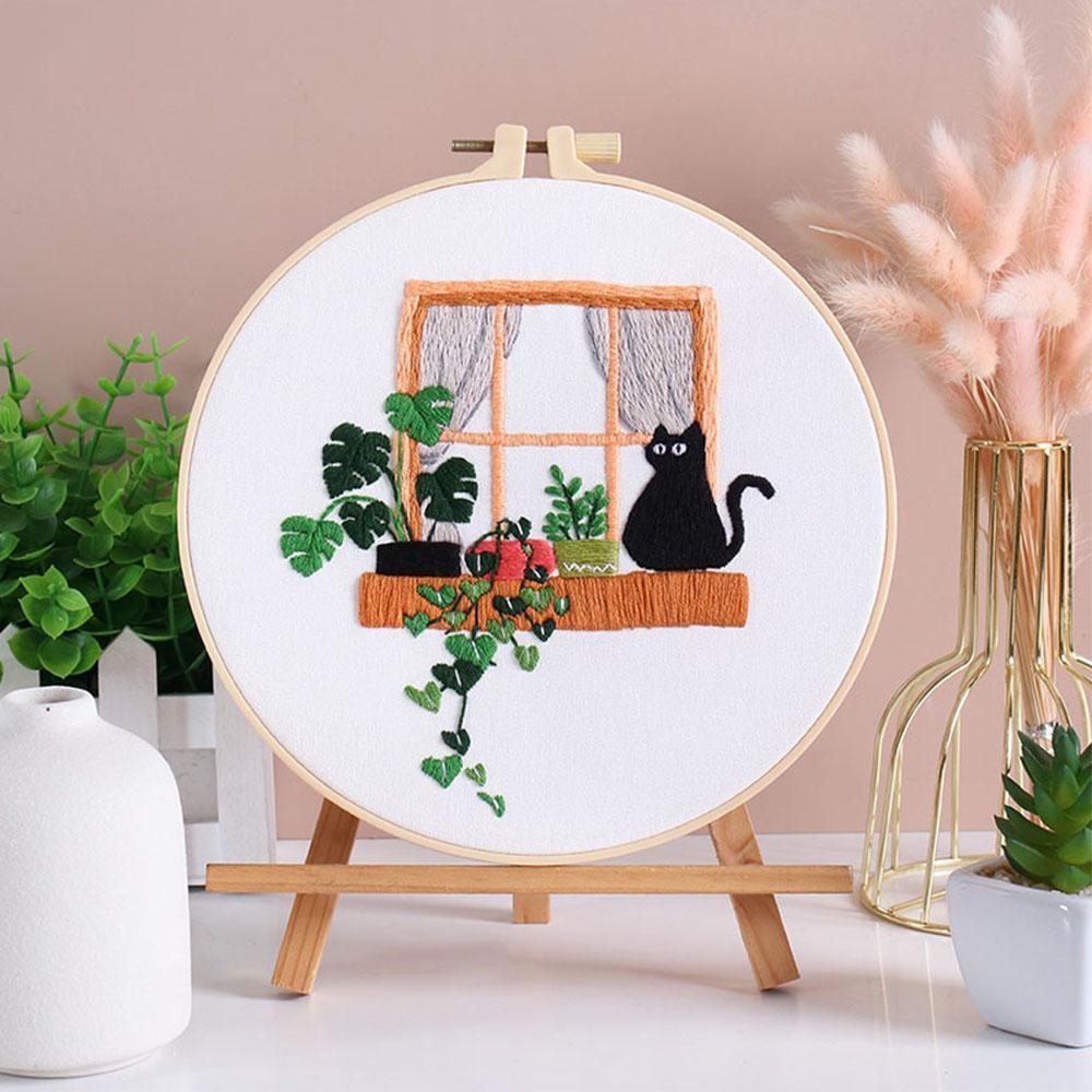 DIY Embroidery Needlework Kit Tool For Beginners Home Sewing Handcraft Embroidered Set Dynamic Black Cat Pattern Wall Decoration