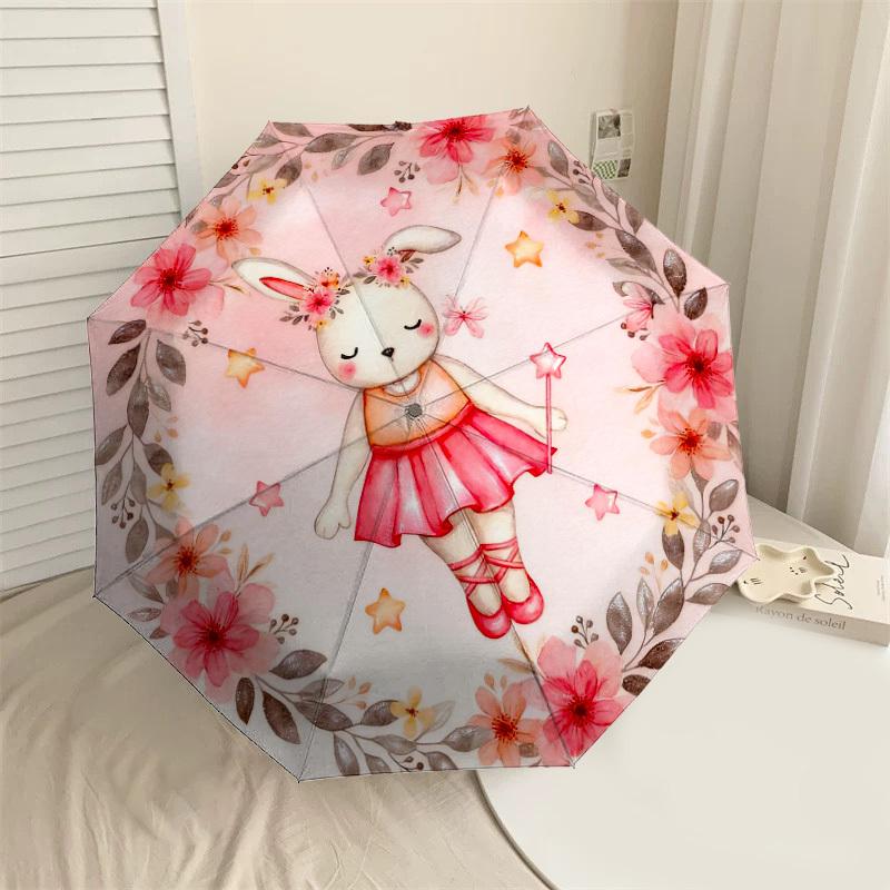 1pc rabbit ballerina Automatic Folding Umbrella, Heavy Duty 8 Rib Iron Frame,  Suitable for Travel, Daily Use, Birthday, Decor Gift m0104033