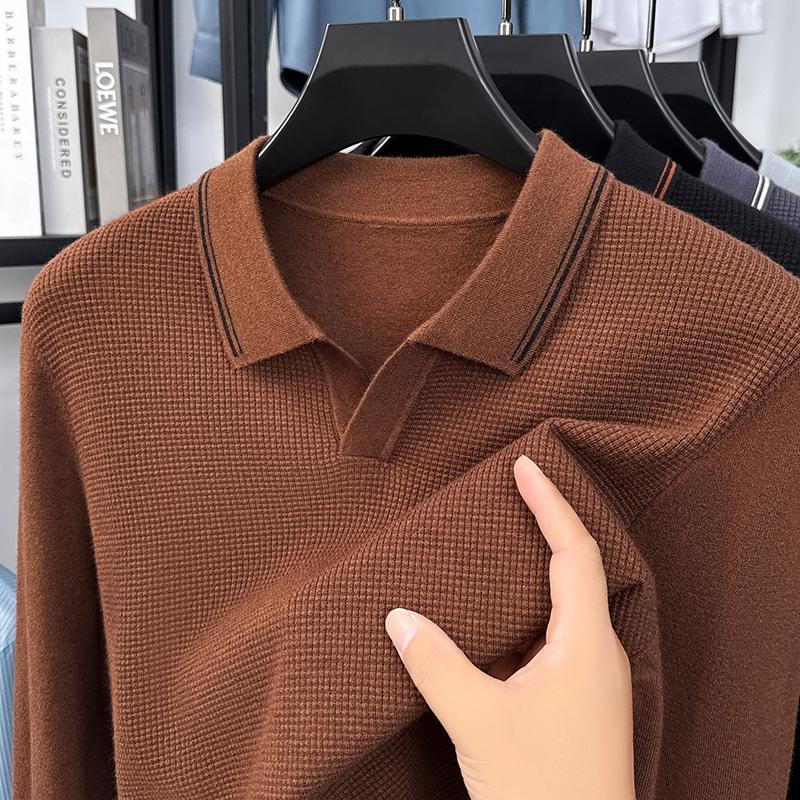 Men's Lapel Small V-Neck Long Sleeve Knitwear Autumn Winter Solid Color Waffle Sweater Casual Trend Menswear