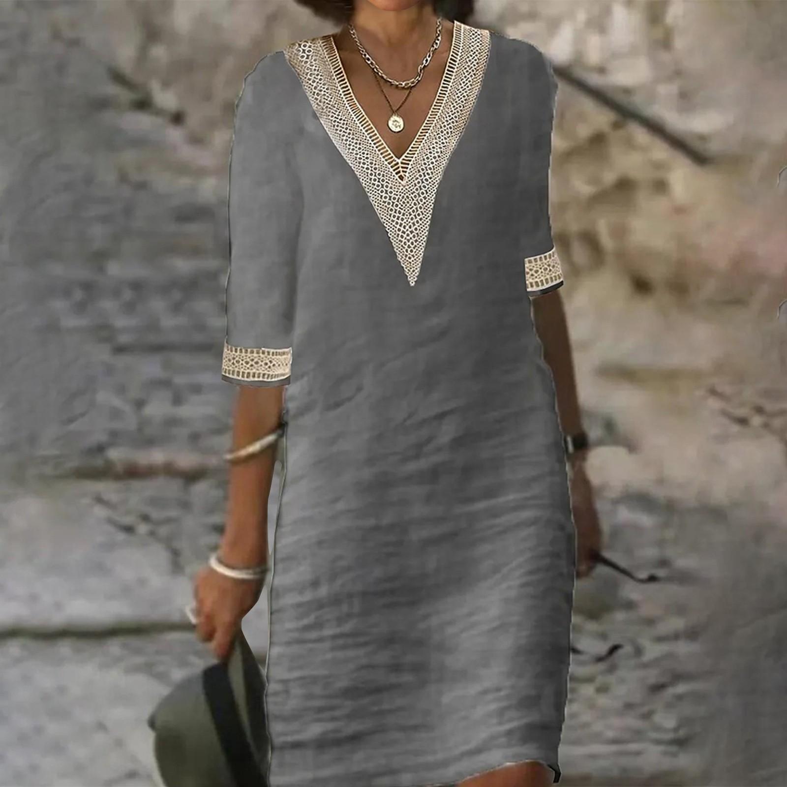 

Женское однотонное хлопково-льняное повседневное платье с v-образным вырезом и кружевом среднего размера XL