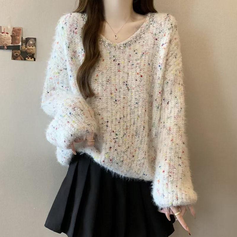Korean Style Beaded Polka Dot Patchwork Wool Women's Autumn/Winter Fluffy Long-Sleeve Top