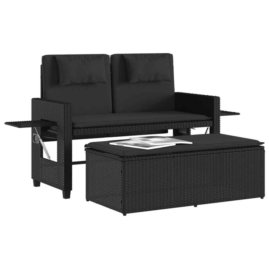Vidaxl Folding Garden Bench With Cushions, Black, Poly Rattan
