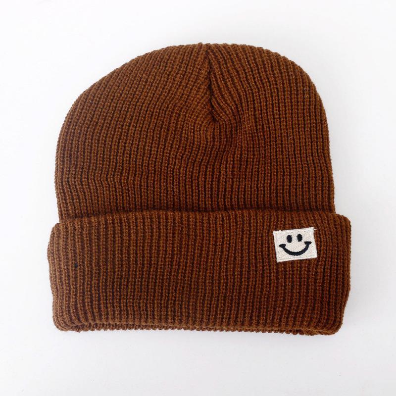 Cute Smiley Face Label Wool Hat Women's Autumn and Winter Warm Trend Versatile Ear Protector Black Knitted Hat Men