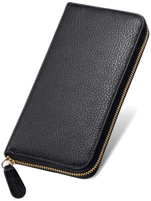 Portefeuille Long en Cuir Véritable Italien Mura pour Femme avec Protection Anti-Rétrécissement en Cuir (Noir)