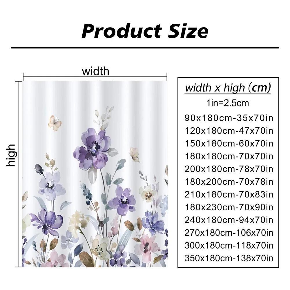 Purple Floral Shower Curtain Watercolor Flower Leaves Wildflower Polyester Fabric Washable Shower Curtains Bathroom Decoration