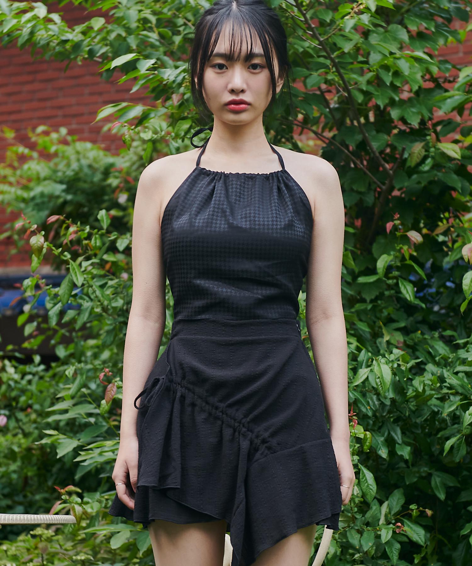 Dear Me Silky Check Back Ribbon Halter Neck [Black] Free