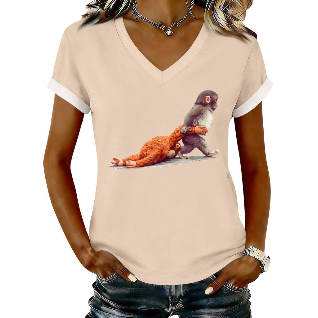 Women's Casual Printed T-Shirt V Neck Pullover Short Sleeve Top