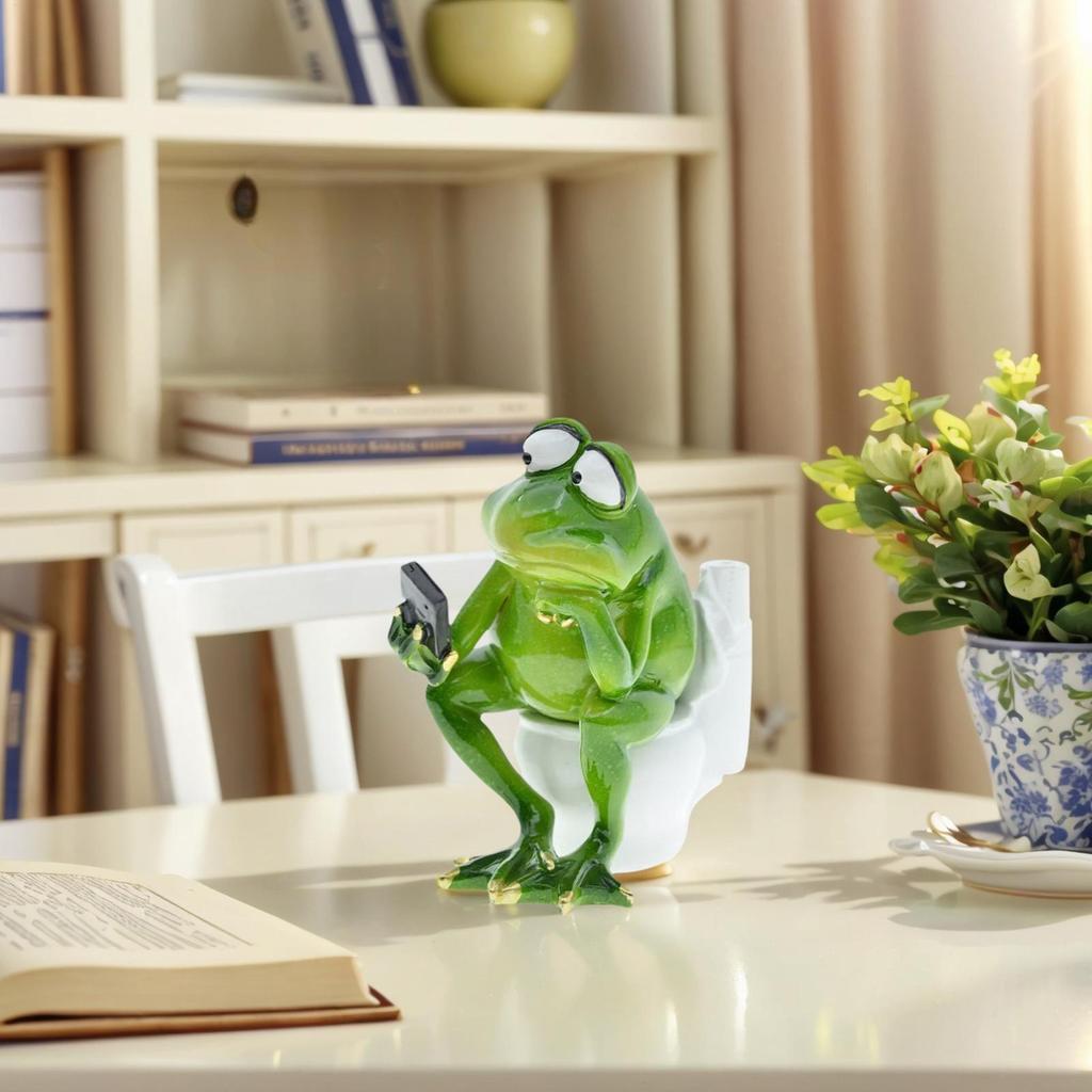 Resin Frog Statue Garden Decoration Animal Sculpture Frog On Toilet Figurine Decorative Sculpture for Bedroom Patio Garden