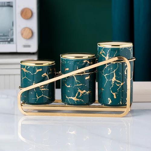 3 PCS Ceramic Airtight Jar Kitchen Canister Sets Cereal Dispenser Spice Organizer Rack Jars with Lid Food Storage Containers
