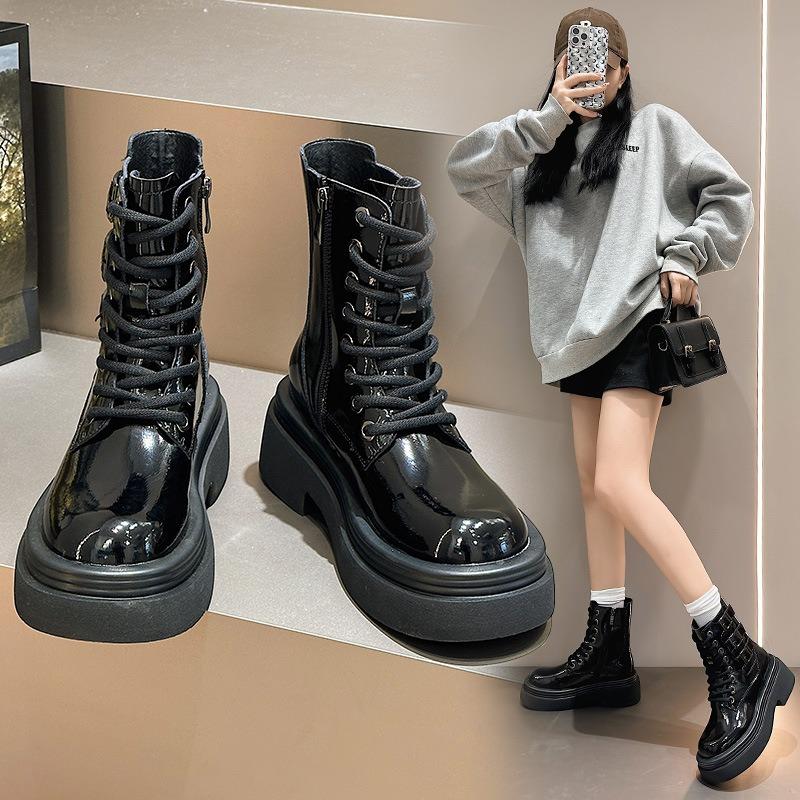 Martin Shoes Women's Autumn and Winter New Leather Platform Short Boots Locomotive Knight Boots