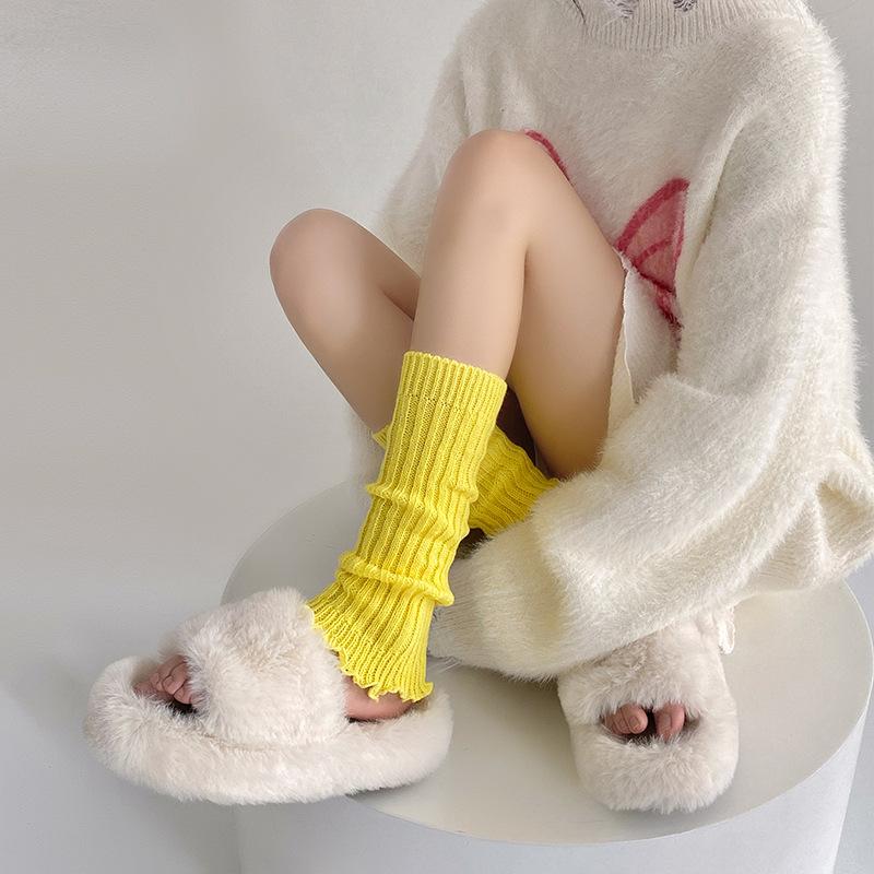 Socks College Style Spring And Autumn Medium Tube Stacking Socks Solid Color Lace Lolita Wool Leg Cover