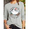 Women's Casual Sports Long-sleeve Shirt with Mountain Landscape Print, Round Badge, and Handwritten Slogan Adventure Awaits Let's Go Find