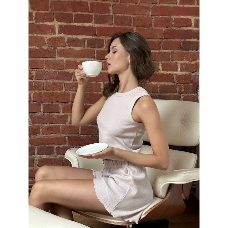 

2025 Amazon Трансграничный Новый Женский Эластичный Повседневный Жилет Шорты С Деревянными Ушками Однотонный С Круглым Вырезом Костюм-Двойка Lotus root color XL