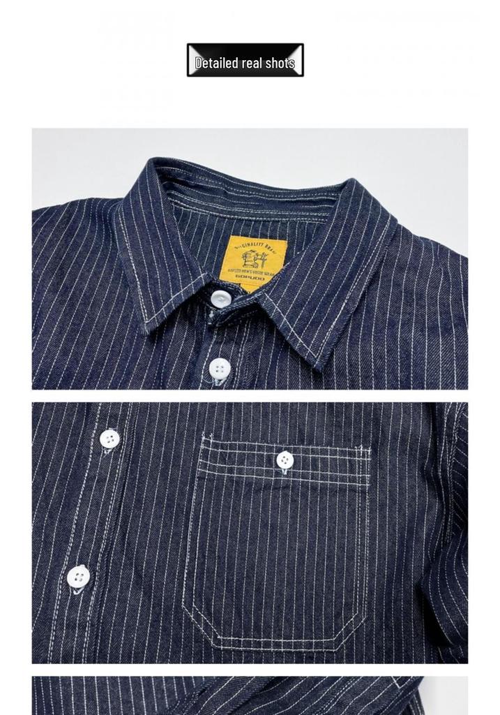 Men’s American Retro Striped Denim Long-Sleeve Shirt: Casual Versatile Spring/Autumn Jacket