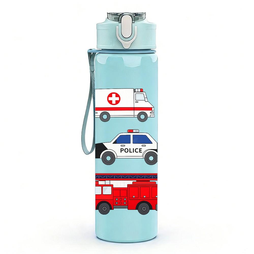 1PC Fire Truck Emergency Vehicle Set Print 750ml Color Plastic Sports Water Bottle Leakproof Flip Straw Lid Suitable for Sports Office Home Use