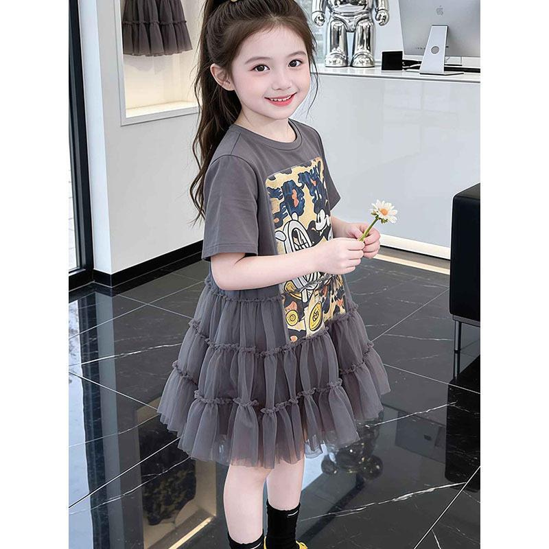 Girls Summer Cartoon Tulle Dress Short Sleeve Fairy Skirt For Big Kids 100