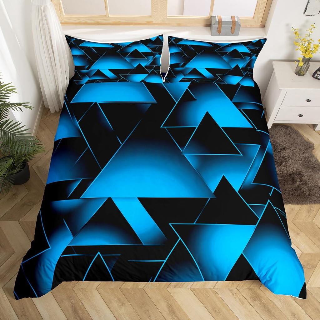 Blå Svart Påslakan King Queen Size Pojkar Flickor Geometri Sängklädesset Geometriskt Täcke Örngott Set Modernt Abstrakt Quiltöverkast