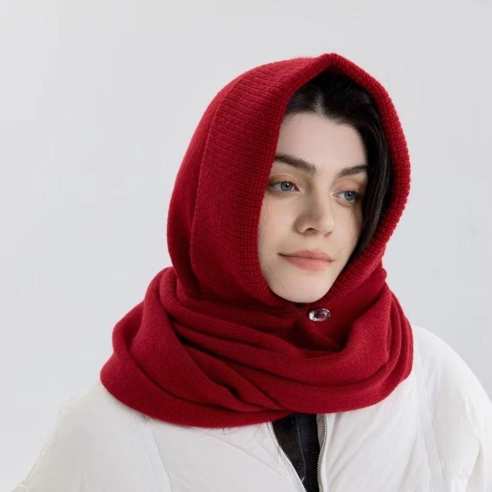 Solid Color Knitted Hooded Scarf Beanie Cross Hooded Cap Cute Hat and Scarf 2-in-1 Outdoor