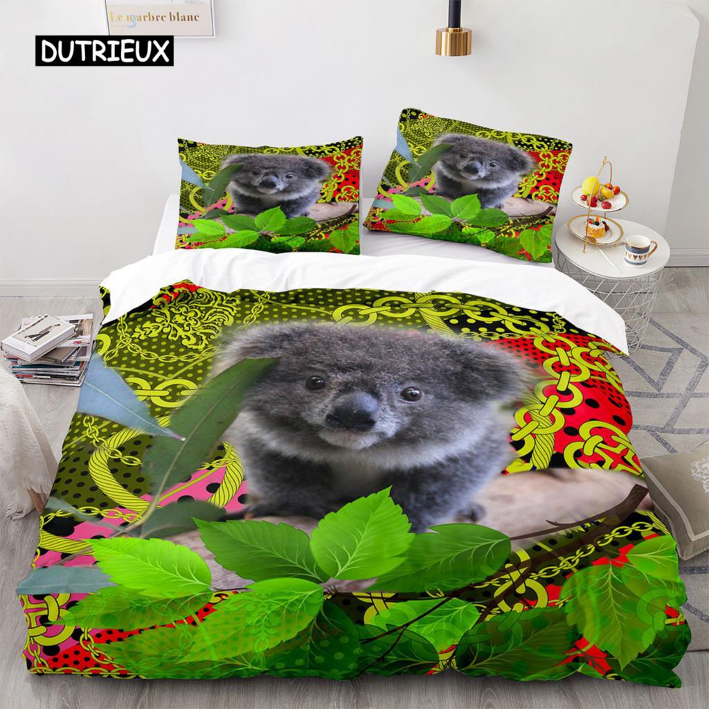 Koala Duvet Cover Set Microfiber Australia Animal Comforter Cover Queen for Kids Boy Girl Funny Lovely Koala On Tree Bedding Set