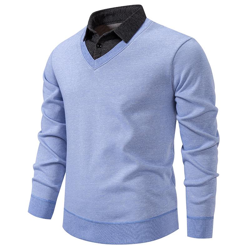 Men's Fashion Plus Velvet Knit Pullover: Thickened Fake Two-Piece Sweater with Shirt Collar for Autumn & Winter