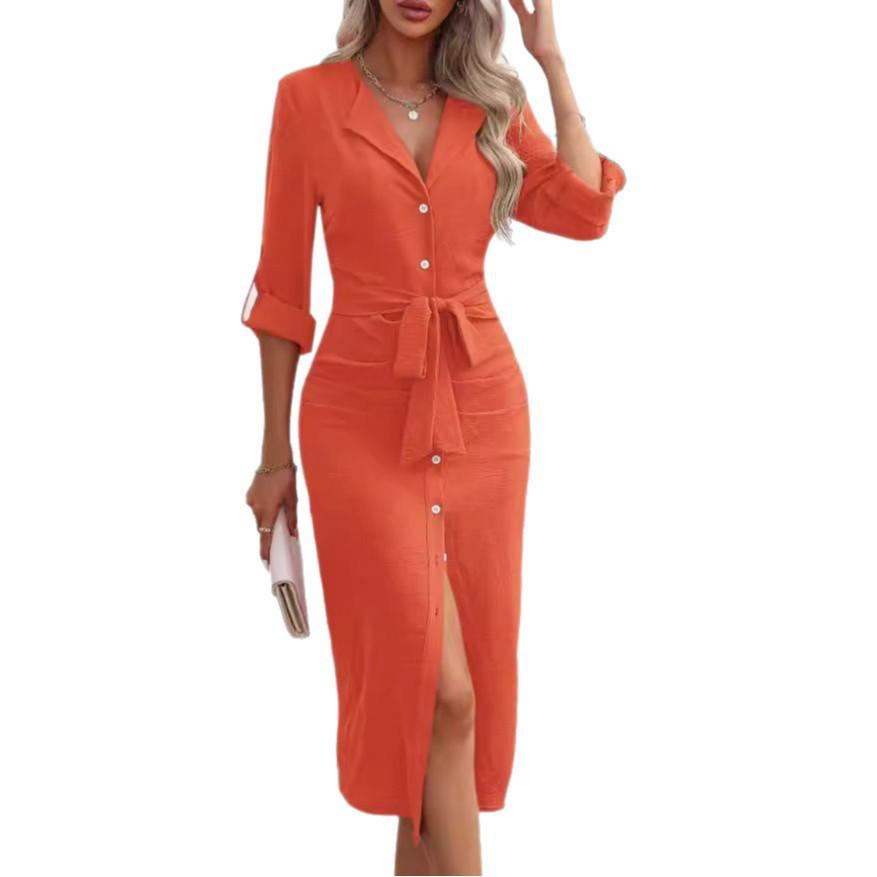 Autumn Solid Color Waist-Tied Turn-Down Collar Slit Dress for Women