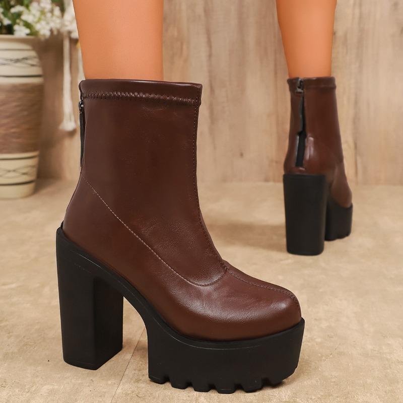 French Booties Women's High Heel Block Heel Platform 2025 New Korean Edition Autumn and Winter