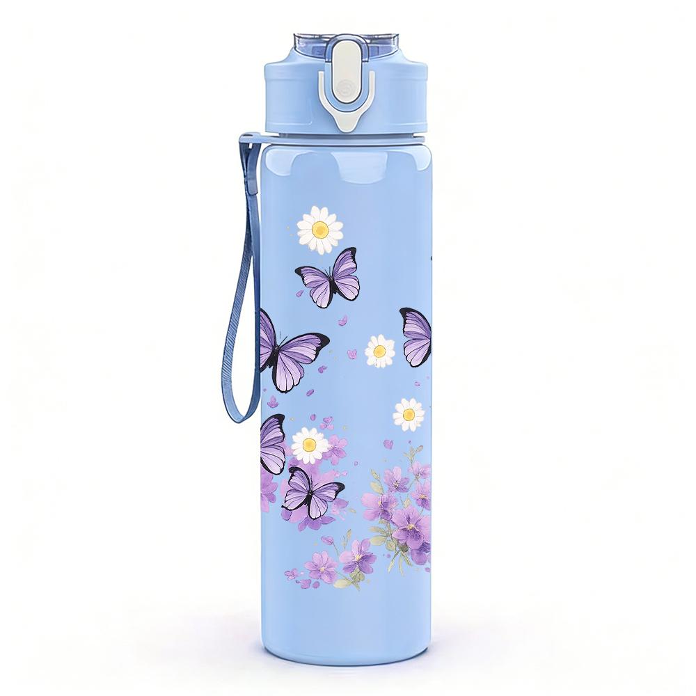 1PC Light Purple Butterfly Floral Branch 750ml Color Plastic Water Bottle Leakproof Flip Straw Lid For Sports Office Home Use