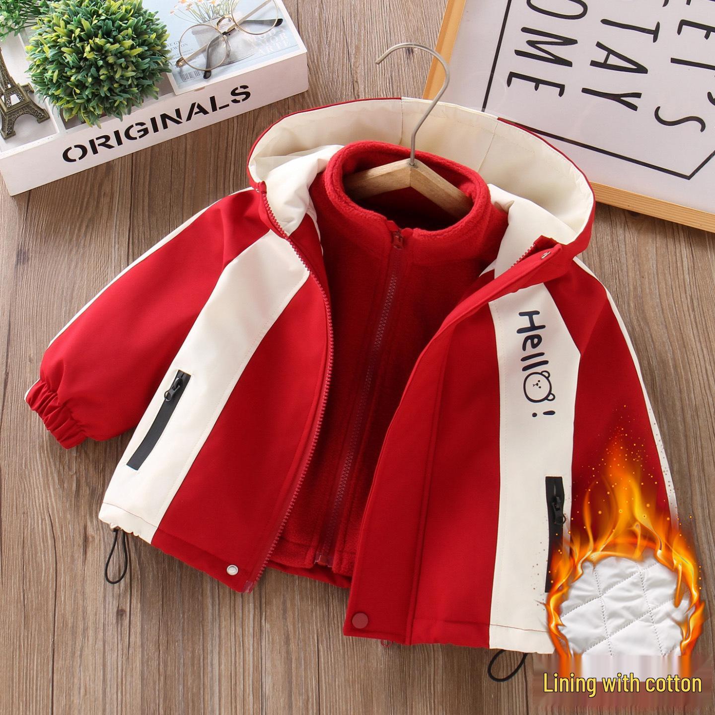 

Color Block Boys Three-in-One Hooded Ski Jacket Set for Toddlers and Young Children - Padded and Versatile for Autumn and Winter 120 червоний