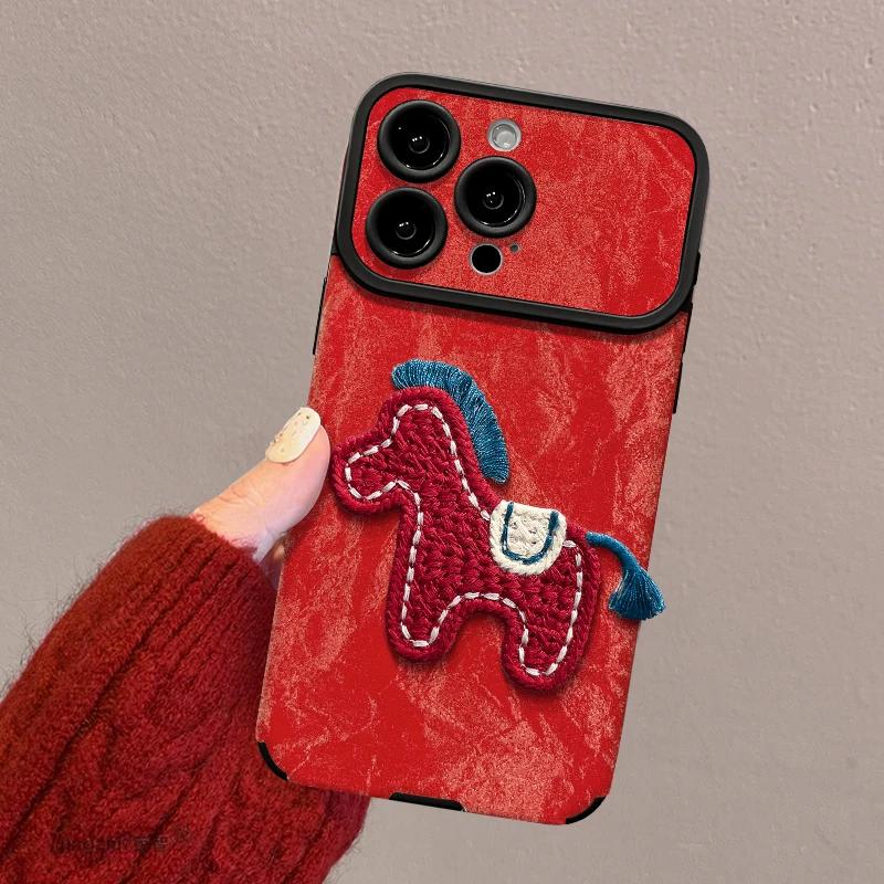 Horse Year Luxury Case for 17 16 Pro Max Casing 15 16 14 Pro 13ProMax 12 11pro Max Phone Cases Red Leather Cover with Wrist Strap