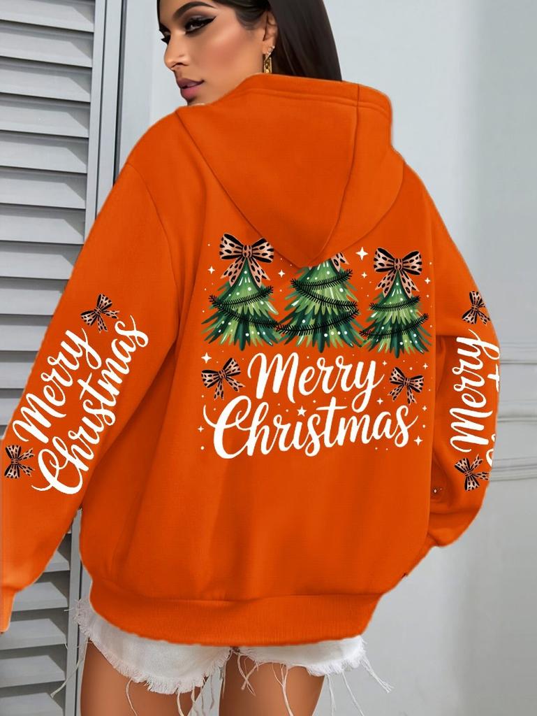 Merry Christmas Bow Tree Pattern Women'S Hoodie Casual Hoodie Autumn Hooded Sweater