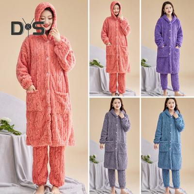 2 Pcs/Set Women Winter Bathrobe Pants Set Thick Fleece Keep Warm Hooded Single-breasted Robe with Pockets Loose Homewear Trousers Sleepwear Pajamas