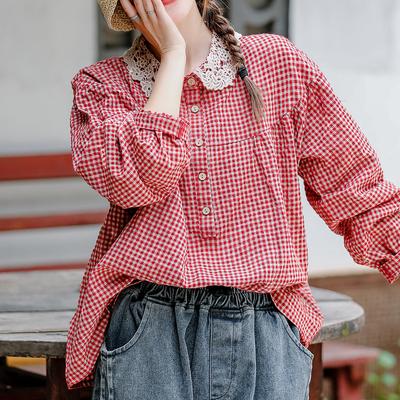 Umělecká Retro Ležérní Volná Plus Krajka Háček Květina Klopa Patchwork Bavlna Len Kostkovaná Košile Dámská Košile s Dlouhým Rukávem