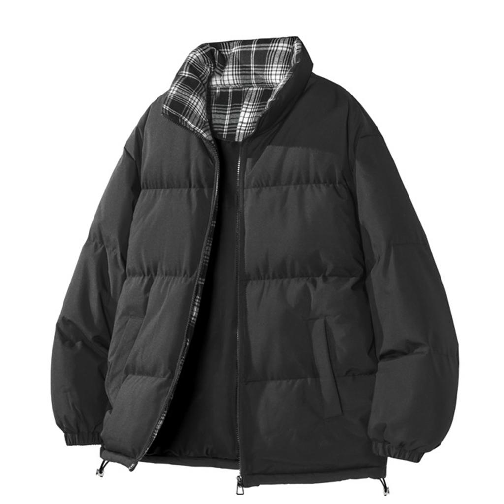 Men's And Women's Inner And Outer Color-matched Checkered Stand-up Collar Bread Cotton-padded Jacket, Men's Fleece Thickened Warm Cotton-padded Jacket