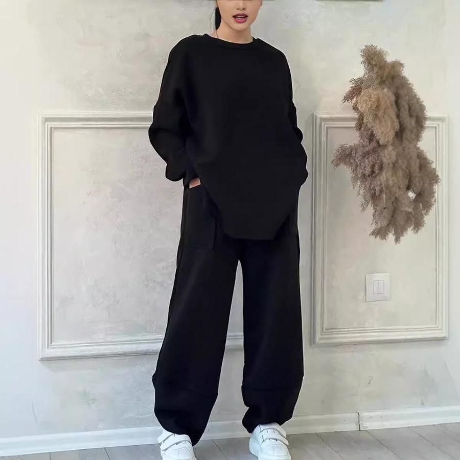Fall Winter Women's Casual Solid Crew Neck Long Sleeve Pocket Sports Set Sweatshirt Loose Fit