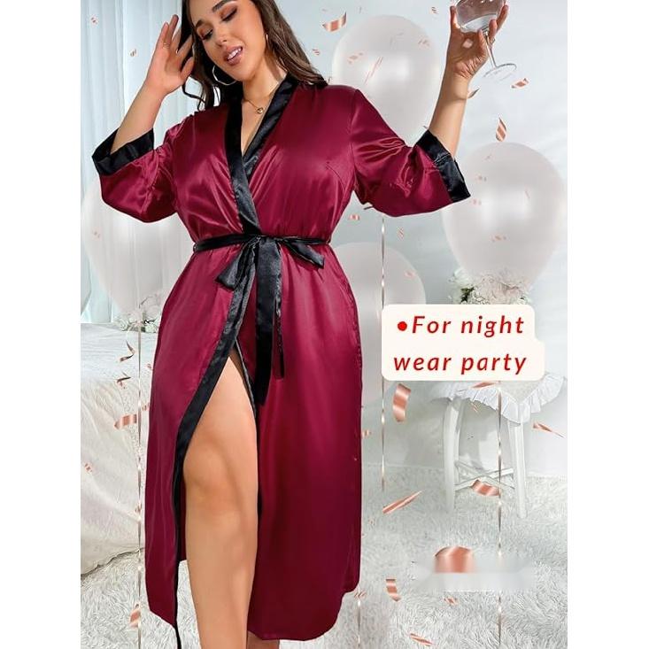 Women's Plus Size Valentines Robe, Sexy Satin Robe Long Sleepwear